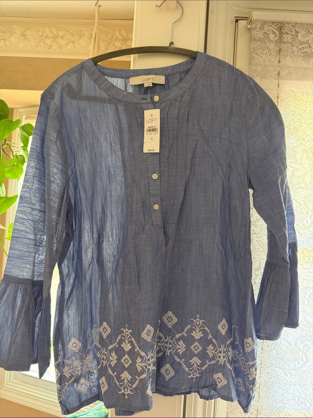 LOFT Blue Cotton Embroidered Tunic Blouse